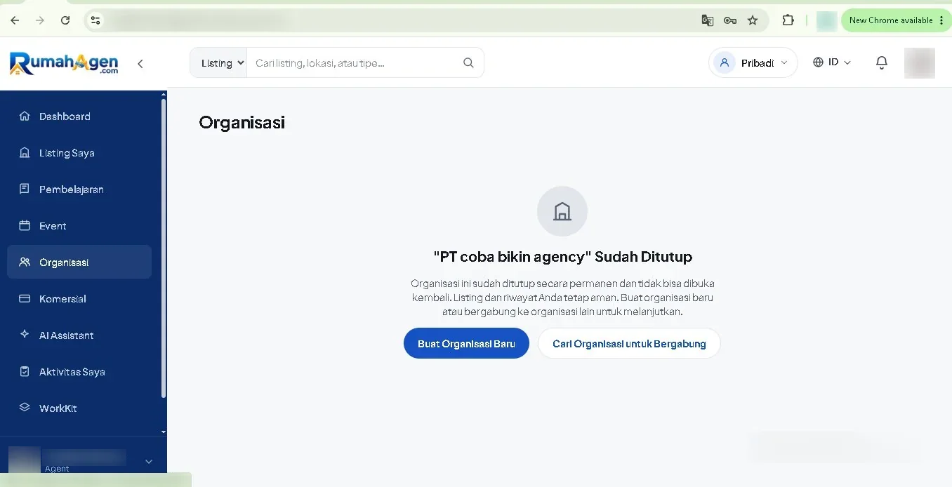 Menu Organisasi di dashboard agen RumahAgen
