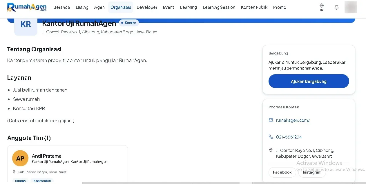 Halaman detail organisasi dengan tombol Ajukan Bergabung