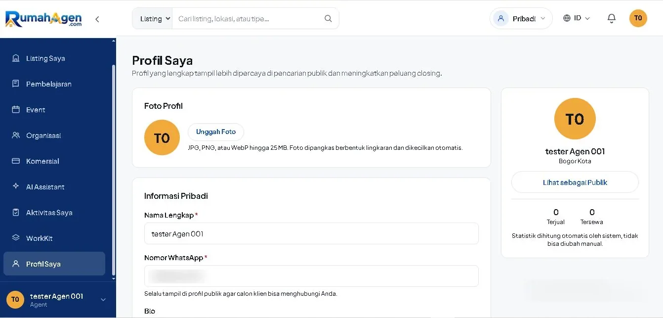 Halaman Profil Saya pada dashboard agen RumahAgen