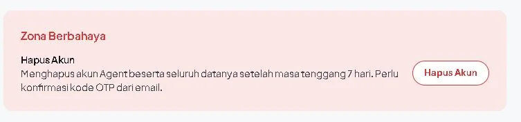 Panel Zona Berbahaya dengan tombol Hapus Akun