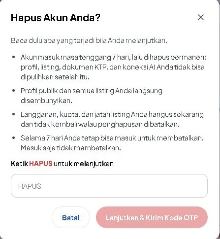 Jendela konfirmasi Hapus Akun yang meminta pengguna mengetik HAPUS
