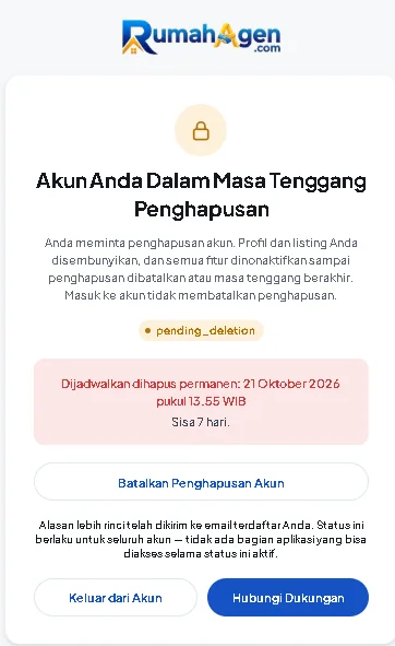 Tampilan RumahAgen saat akun berada dalam masa tenggang penghapusan