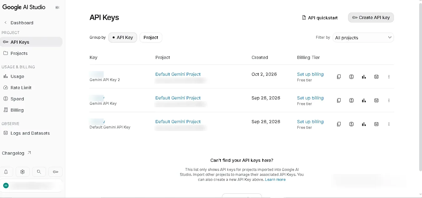 Tombol Create API key