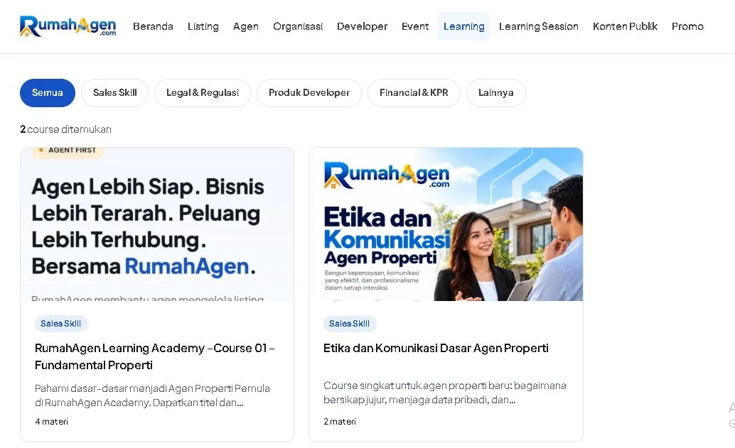 Daftar pilihan kursus di halaman Learning RumahAgen