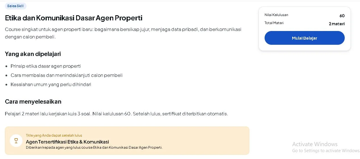 Halaman detail kursus dengan keterangan Badge Title