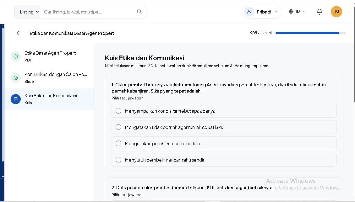 Tampilan pembelajaran kursus dan kuis di RumahAgen