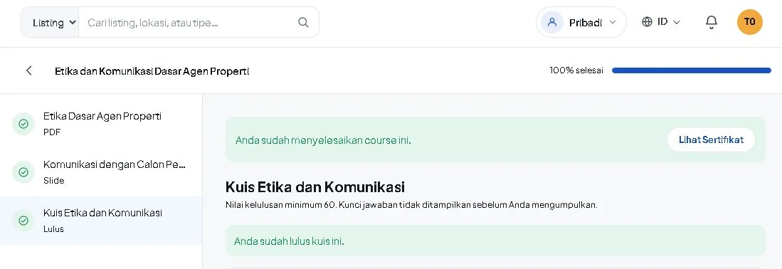 Kursus selesai setelah materi dan kuis dinyatakan lulus