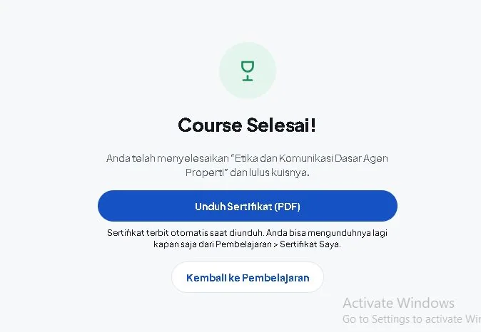 Tombol Unduh Sertifikat PDF setelah kursus selesai