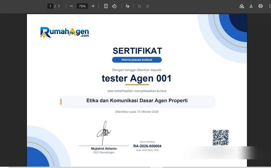 Contoh sertifikat penyelesaian kursus RumahAgen dalam format PDF