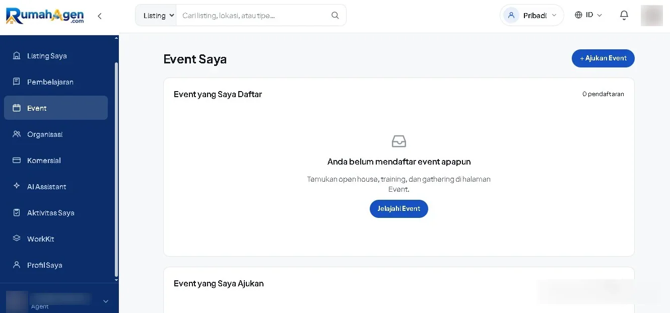 Menu Event dan tombol Ajukan Event