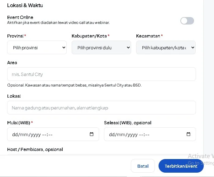 Formulir lokasi dan waktu event offline