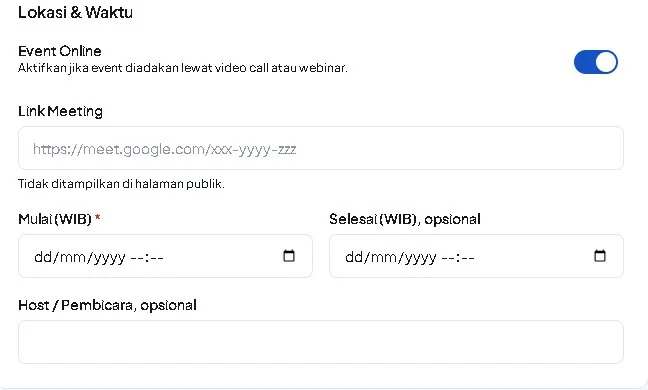 Formulir event online dan kolom Link Meeting