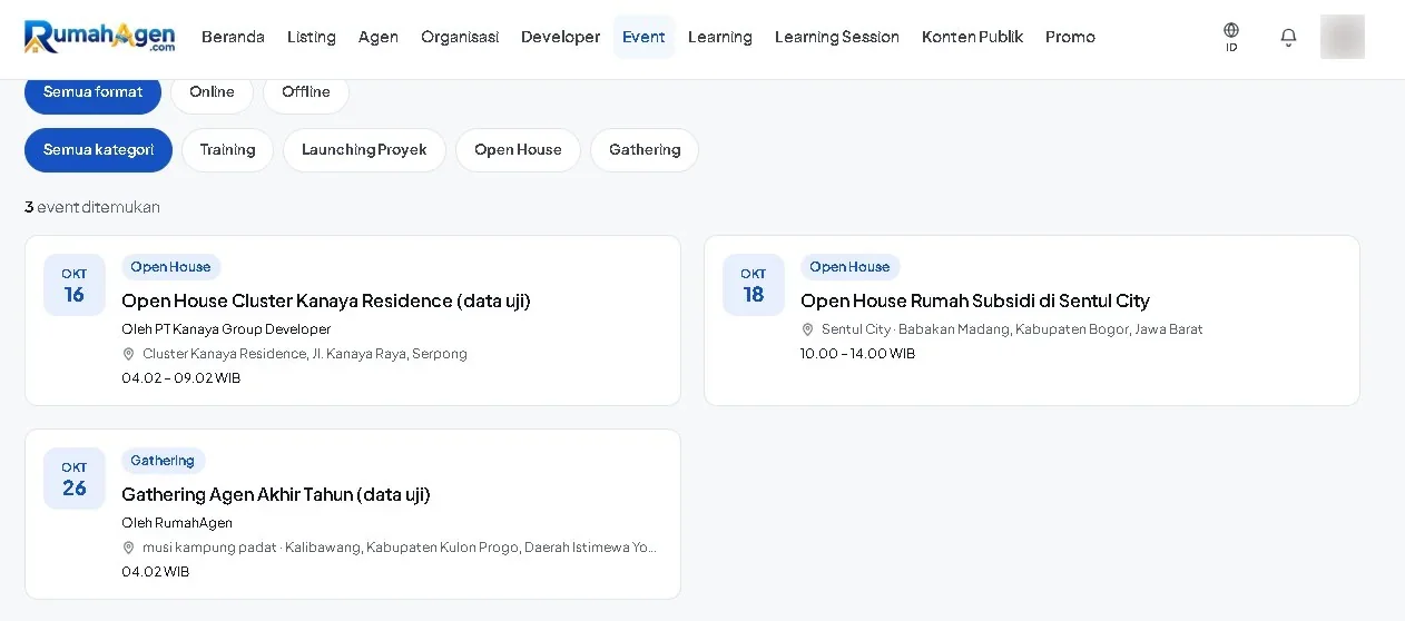Contoh event yang muncul di halaman publik RumahAgen