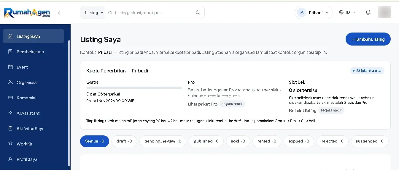 Halaman Listing Saya dan informasi kuota penerbitan