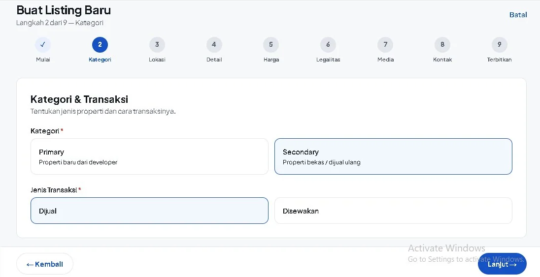 Memilih kategori dan jenis transaksi listing