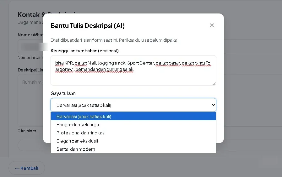 Dialog AI Assist untuk membantu menulis deskripsi listing