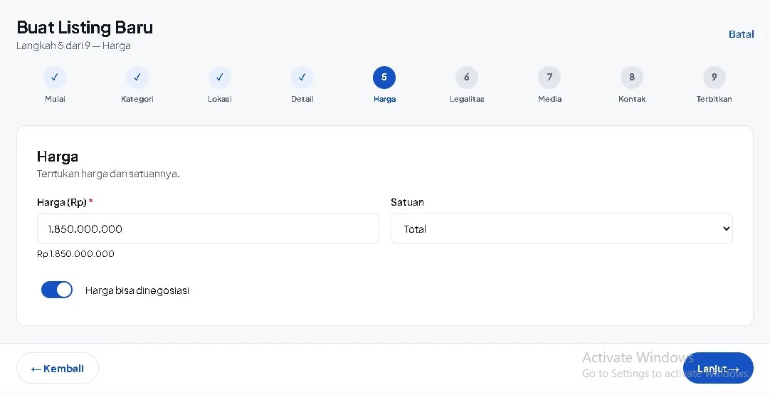 Formulir harga dan satuan harga listing