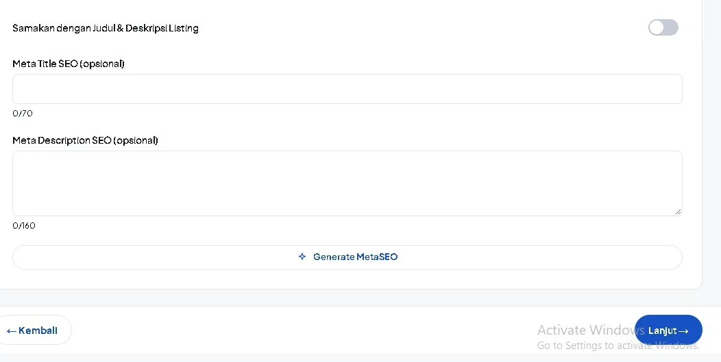 Formulir Meta Title dan Meta Description dengan tombol Generate Meta SEO