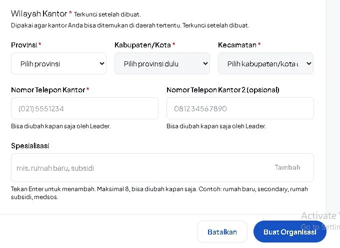 Formulir wilayah kantor, nomor telepon, dan spesialisasi organisasi