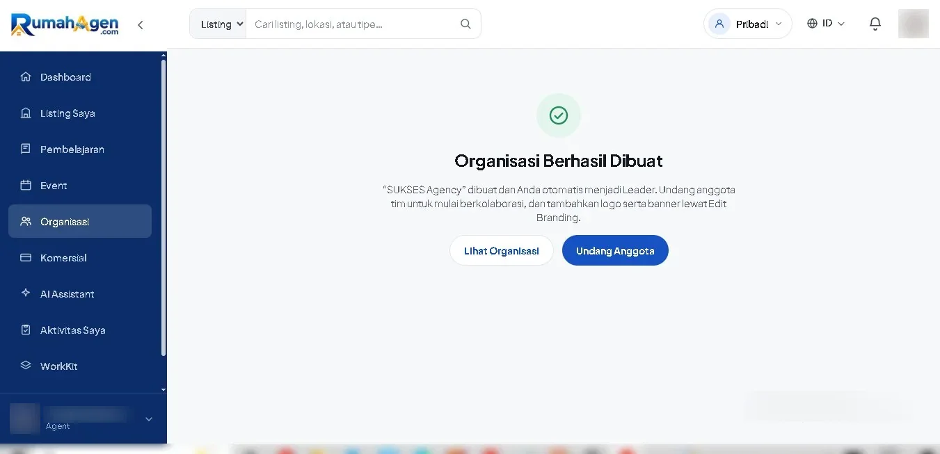 Konfirmasi organisasi berhasil dibuat
