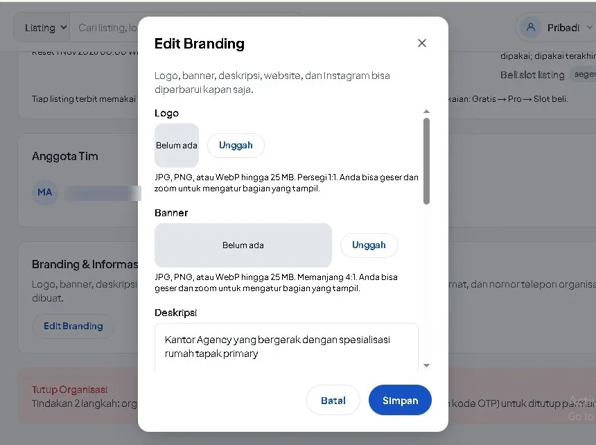 Dialog Edit Branding untuk mengunggah logo dan banner organisasi