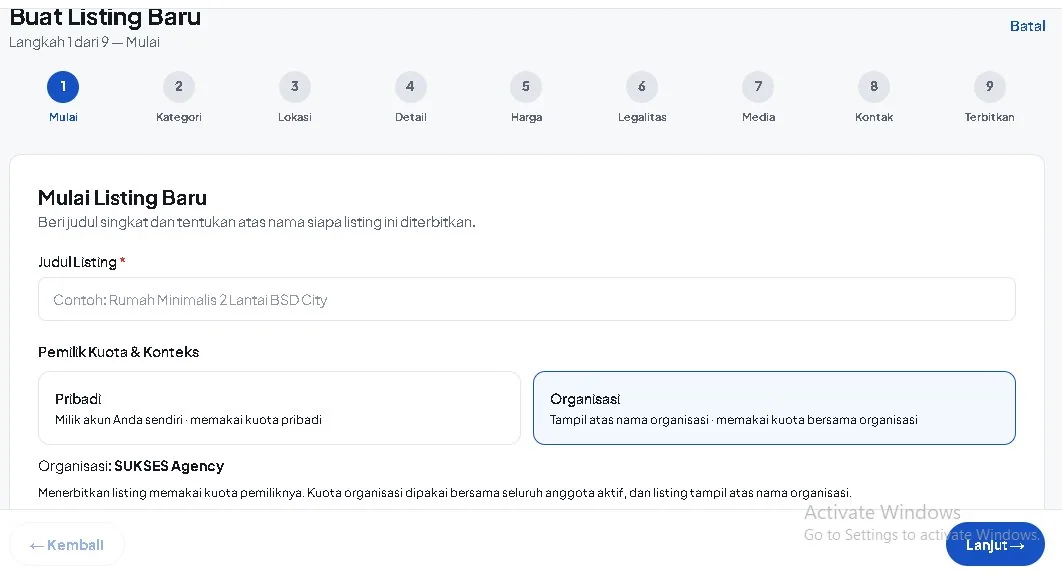 Memilih konteks Organisasi untuk menerbitkan listing dengan kuota organisasi