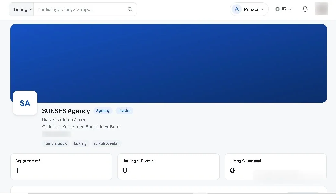 Halaman organisasi pada dashboard agen RumahAgen