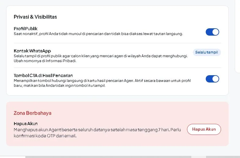 Pengaturan visibilitas profil publik, WhatsApp, dan tombol CTA