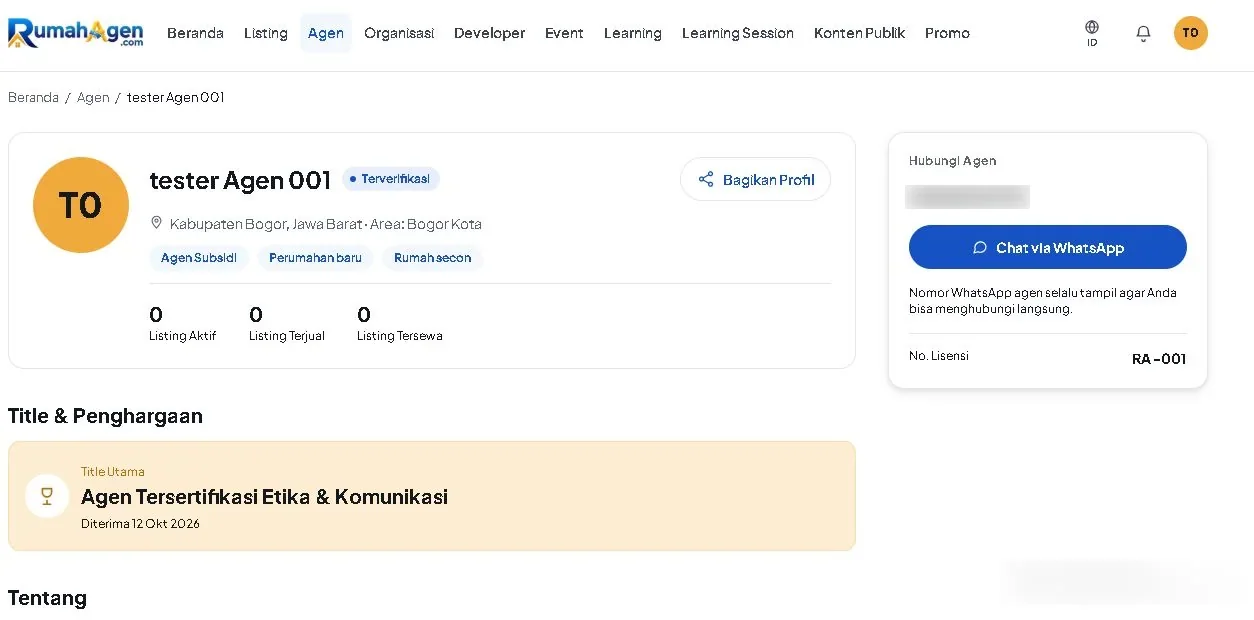 Contoh halaman profil publik agen dengan lencana Terverifikasi dan Badge Title