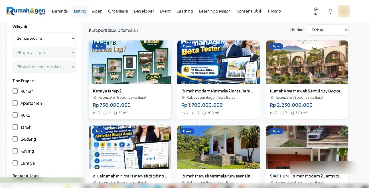 Contoh posisi listing di halaman publik sebelum refresh