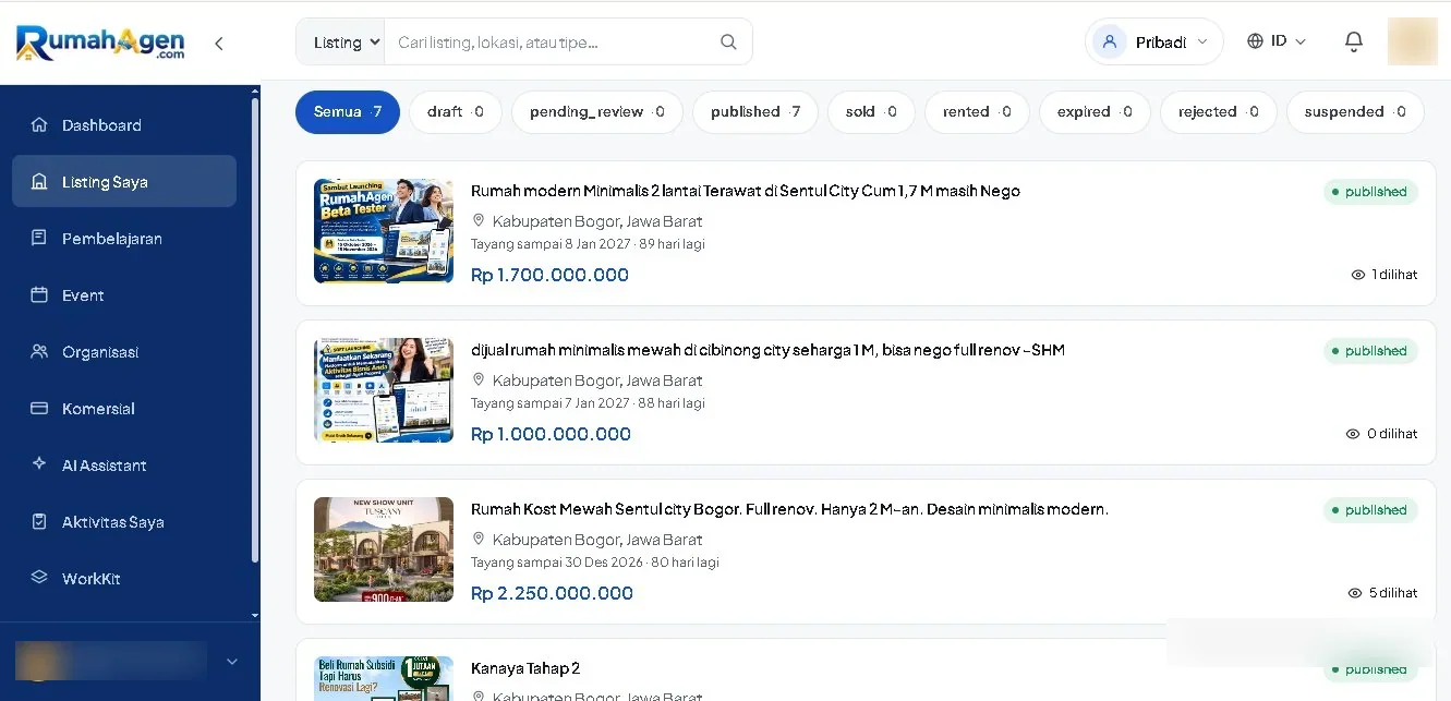 Halaman Listing Saya yang menampilkan daftar listing agen