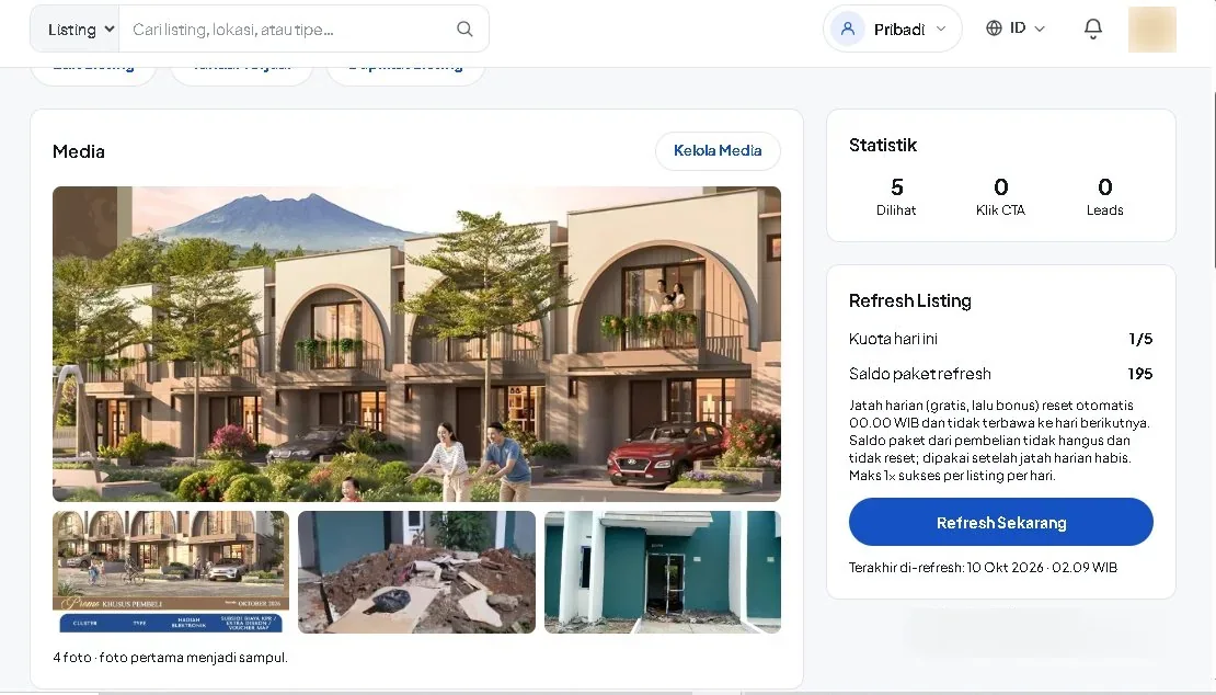Halaman detail listing dengan informasi dan tombol Refresh Listing