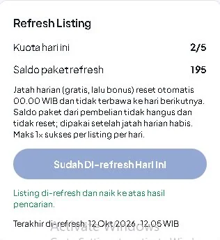 Panel Refresh Listing dengan informasi kuota dan tombol Refresh Sekarang